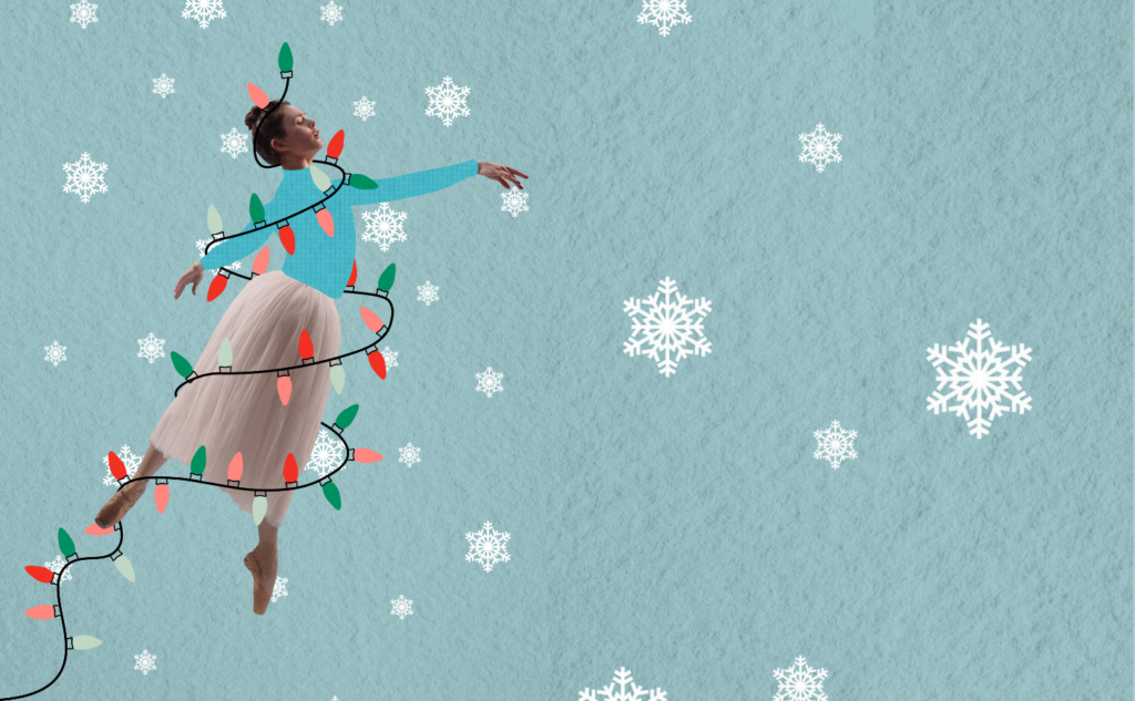 A woman gracefully soars through the air, surrounded by twinkling Christmas lights.