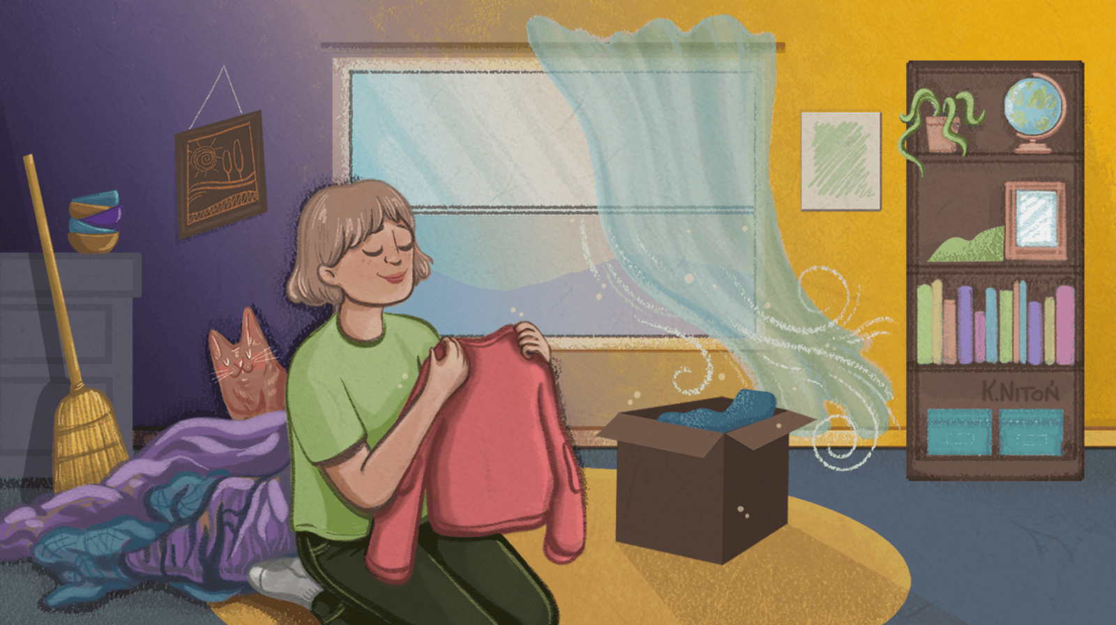 illustration of a person finding peace of mind by cleaning her house